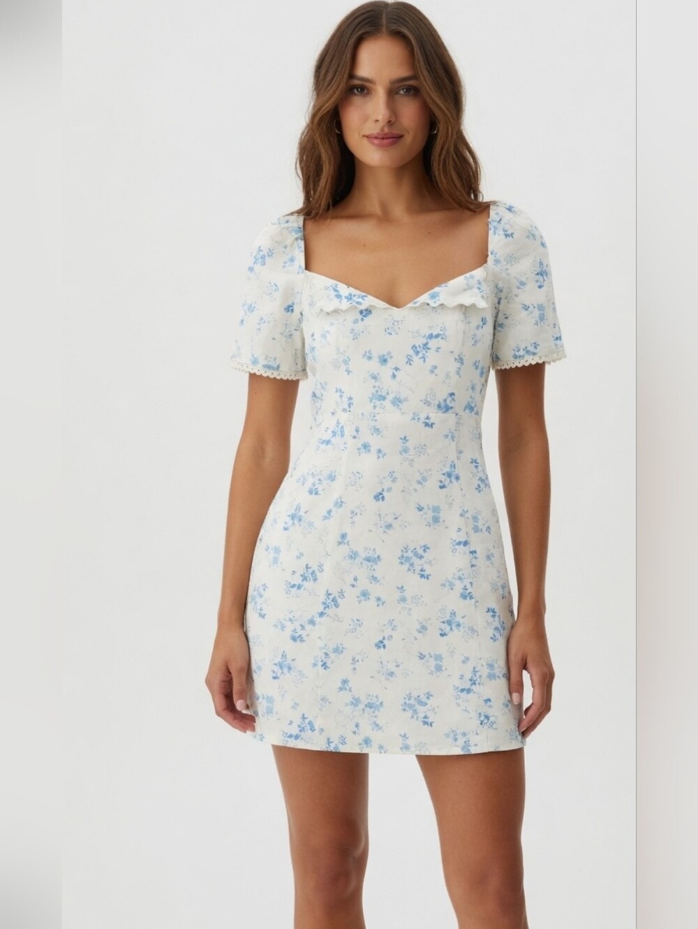 NWT Rihoas White & Blue Floral Print Sun Dress with Lace Trimmed Sleeves - XS